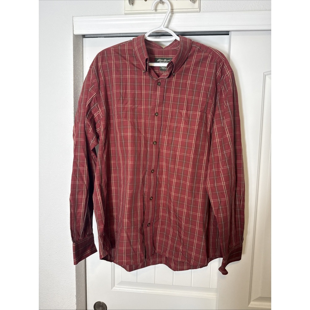 Eddie Bauer Men's XLT Red Check Wrinkle‎ Resistant Button-Up Long Sleeve Shirt